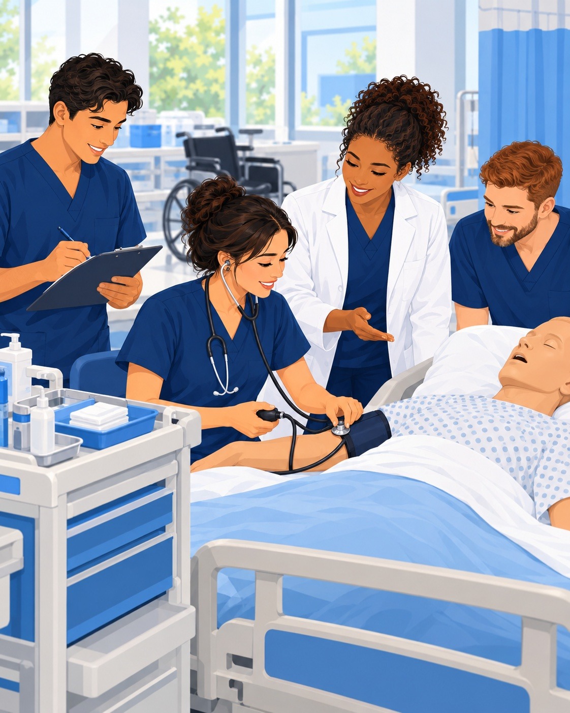 Adult learners practicing clinical skills with an instructor