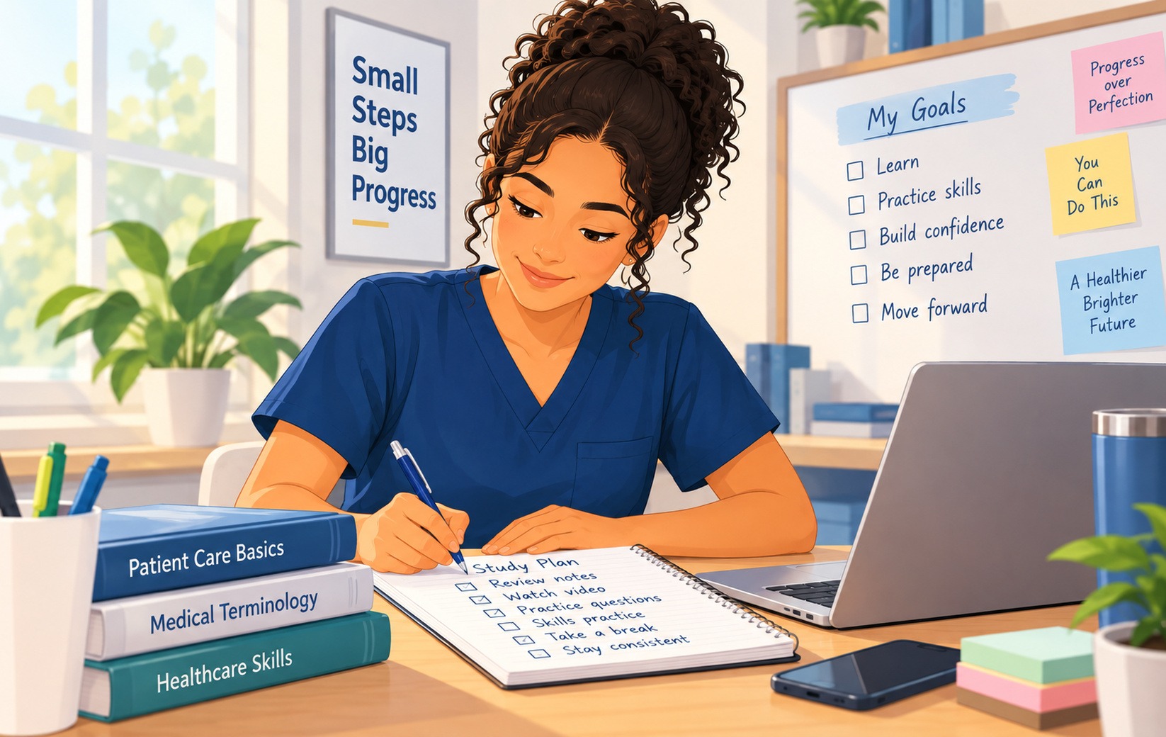 Adult learner writing a weekly study plan beside a printed clinical-skills list and a laptop calendar.
