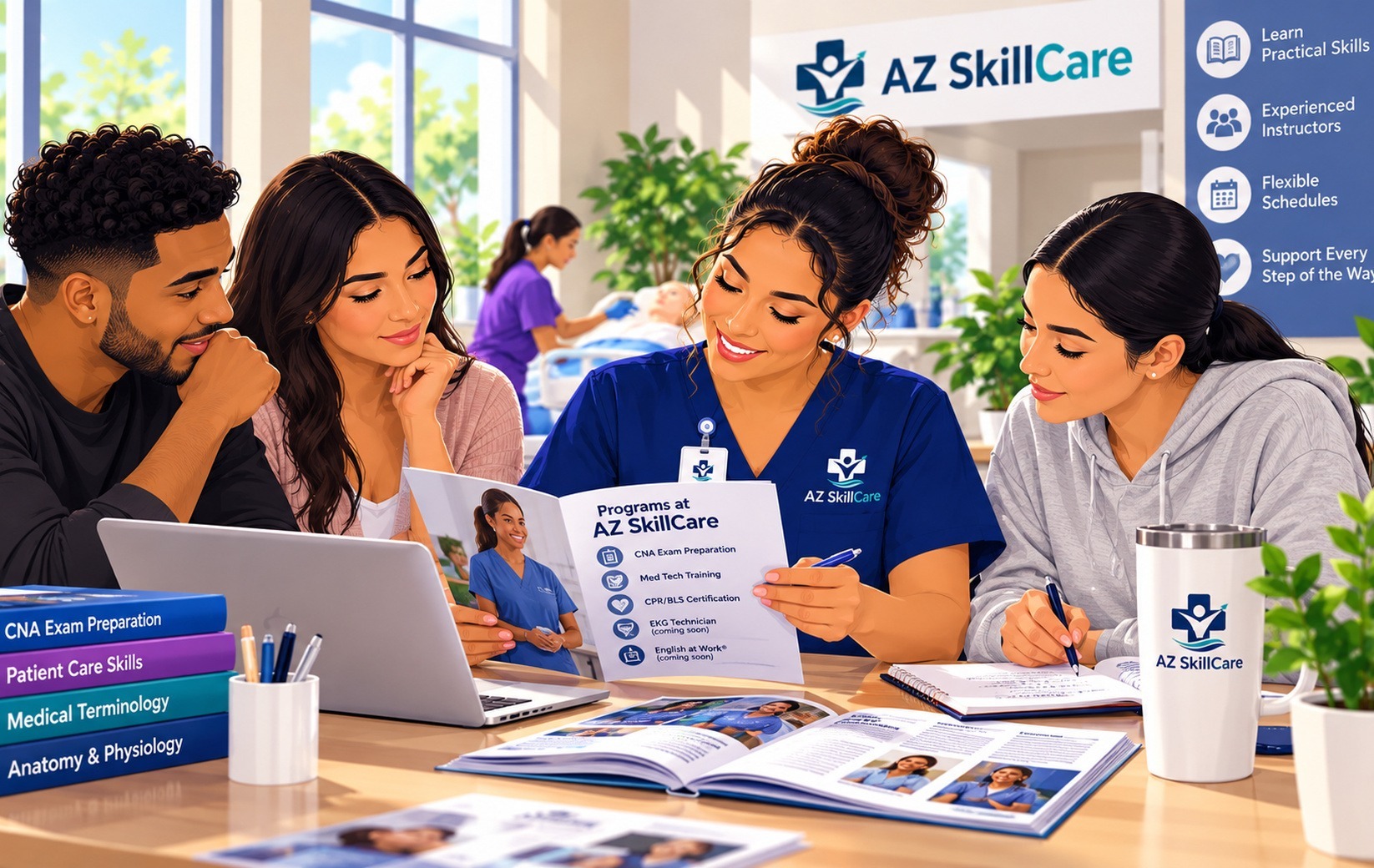 Adult comparing cards labeled CNA exam preparation, CPR/BLS, Med Tech, and EKG Tech Prep.