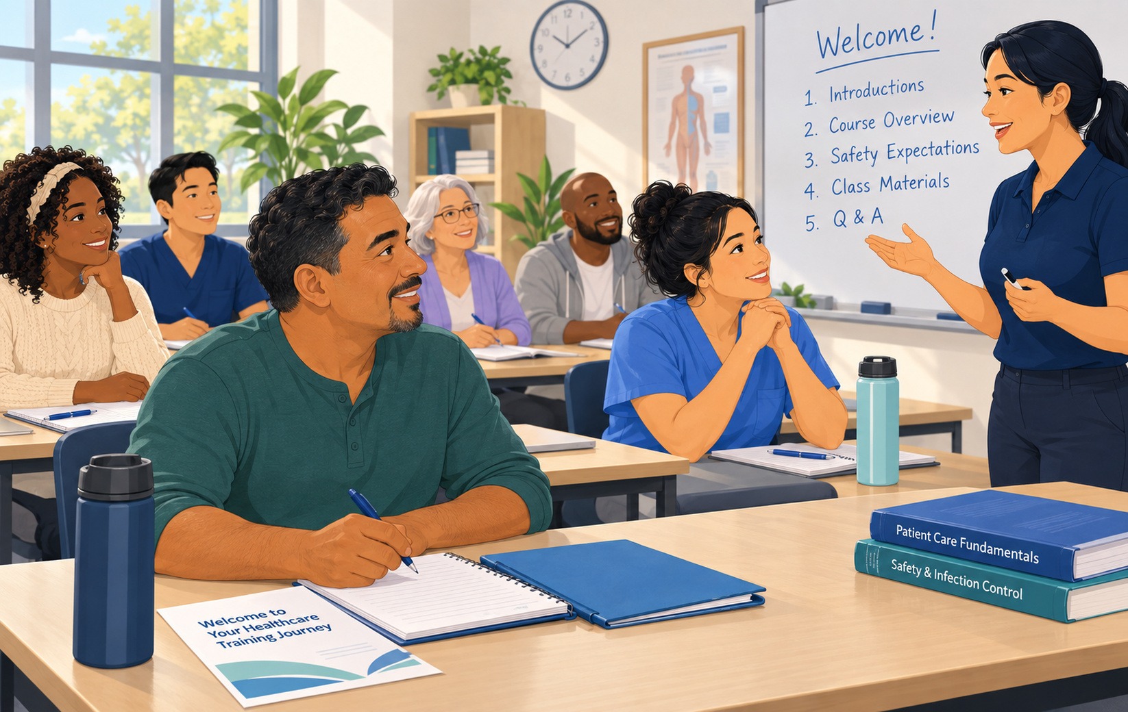 Adult with a notebook and closed-toe shoes opening the door to a healthcare training classroom.
