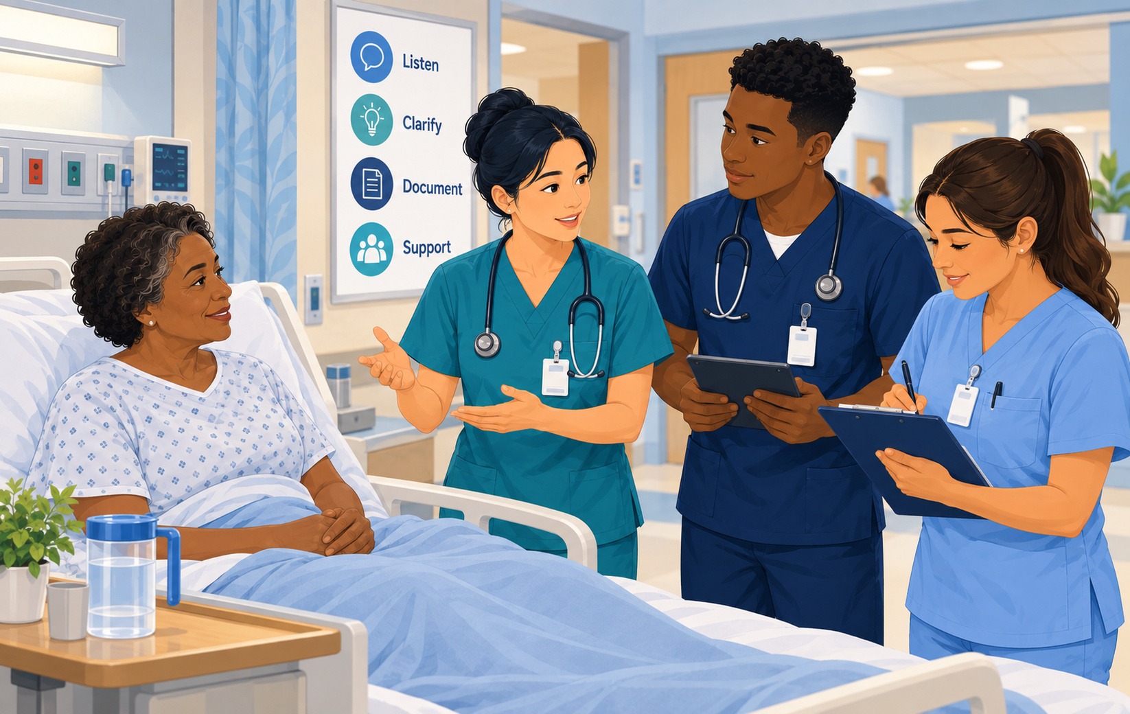 Adult healthcare learner explaining care to a resident while holding a short phrase card.
